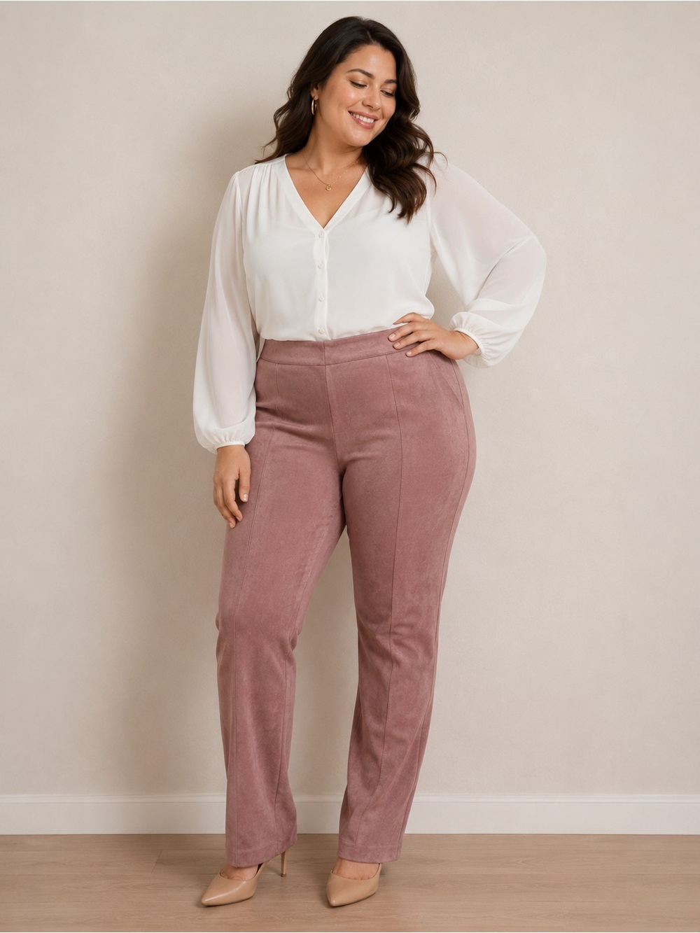 NWT Ashley Stewart Womens Faux Suede Mauve Stretch Elastic Waist Pants 18/20